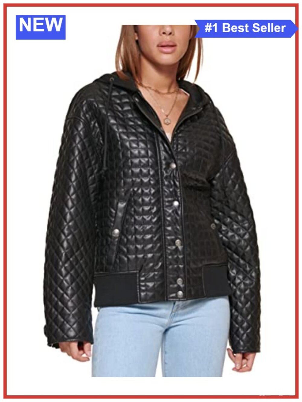 Faux Leather Box Quilted Jacket With Jersey Hood Relaxed Fit
